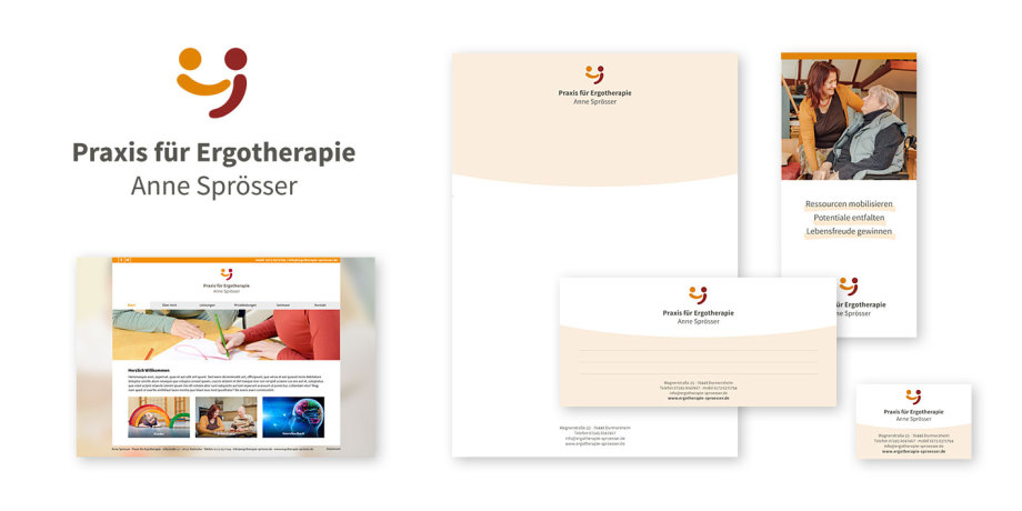 Print- und Webdesign für eine Ergotherapeutin (Signet, Geschäftsausstattung, Flyer, Website)